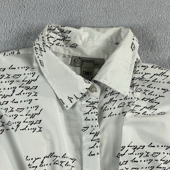 Spoon Jeans Long Sleeve Button Up Shirt Dress Women's Med White Black Script - Picture 4 of 16